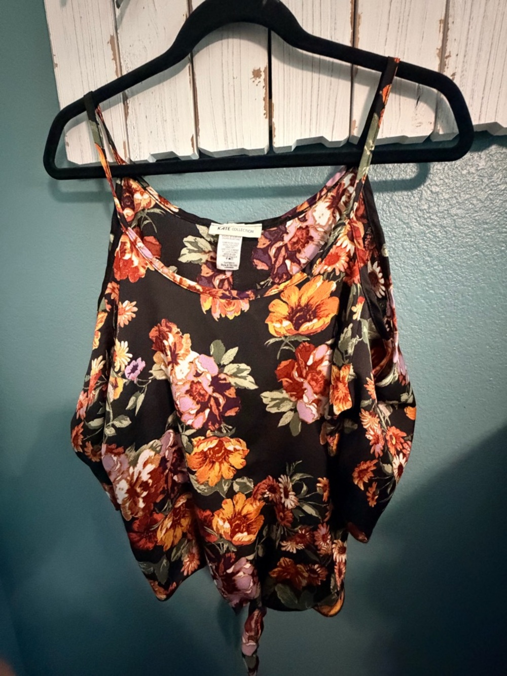 Kate Collection Black Floral Tie-Front Cami in Orange & Pink